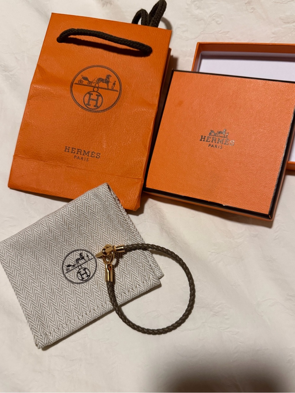 Hermes Glenan Braided Leather Bracelet in Etoupe with Gold Hardware